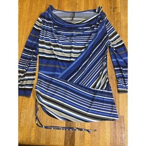 Drama Gold Women 1XL Blue‎ Black Striped Long Sleeve Cowl Neck Tie Side Blouse